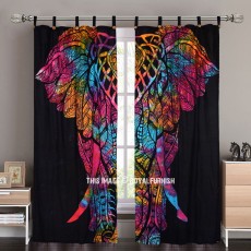 Black Multi Gypsy Inspirations Spiritual Elephant Tapestry Curtain Panel Pair