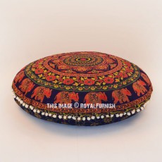 Green & Orange Elephant Pom Pom Round Floor Pillow Cover 32" Inch