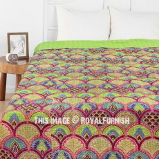 Green Multi Bohemian Rainbow Print Hand Stitch Kantha Quilt Gudri Throw 