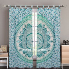 Sea Green Large Leafs Circle Ombre Tapestry Curtain Panel Pair