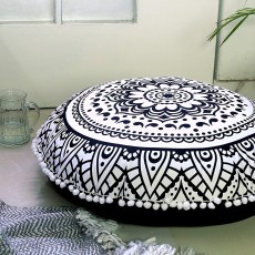 Black & White Rangoli Mandala Cotton Round Floor Pillow Cover