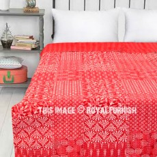Red Hand Block Printed Bohemian Kantha Quilt Bedspread Bedding