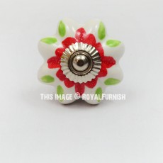 White & Green Flower Painted Ceramic Drawer Knobs Set of 2