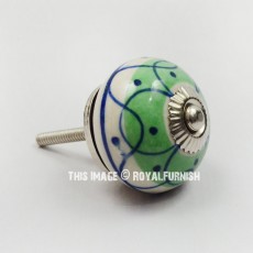 Green Floral Dots Hand Painted Ceramic Knobs for Drawer and Cabinet, Set of 2