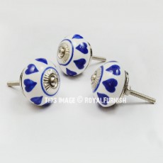 Blue Heart Shape Hand Painted Round Ceramic Knobs, Set of 2