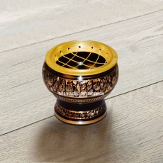 Small Decorated Brass Charcoal Screen Incense Burner with Wooden Coaster