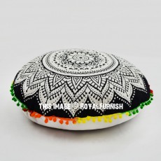 Black & White Rangoli Mandala Round Floor Pillow Cover 24" Inch