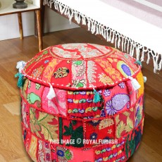 Red One-Of-A-Kind Bohemian Patchwork Extra Sitting Round Pouf Ottoman Cover  22X12 Inch