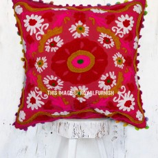 Maroon Multi Suzani Embroidered Square Pillow Cover 16X16 Inch