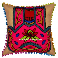 Brown Multi Hamsa Hand Embroidered Throw Pillow Cover 16X16 Inch