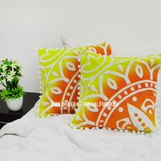 Yellow Rangoli Boho Mandala Pom Pom Throw Pillow Cover Set of 2