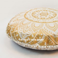 Gold Lotus Mandala Round Floor Pillow Cover 32 Inch