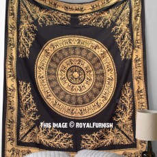 Large Black & Gold Bohemian Elephants Mandala Ring Tapestry Wall Hanging