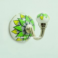 Green & Yellow Big Flower Paint Decorative Boho Ceramic Wall Hook
