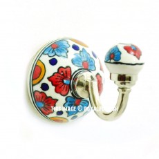 Red & Blue Flower Paint Bohemian Decorative Ceramic Wall Hook