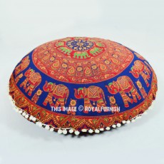 Blue & Red Boho Elephants Ring Indian Round Floor Pillow Cover 32 Inch 