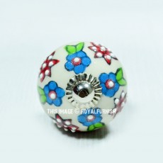 Turquoise & Green Little Flower Paint Round Ceramic Cabinet Knob Set 