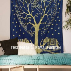 Blue & Gold Valentine Love Tree Elephant Tapestry Wall Hanging