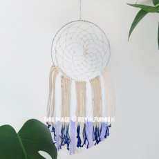 White & Blue Feather Free Macrame Dream Catcher Wall Hanging 12 Inch