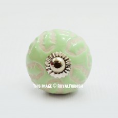 Green Abstract Indie Decorative Round Ceramic Cabinet Knob Set of Two
