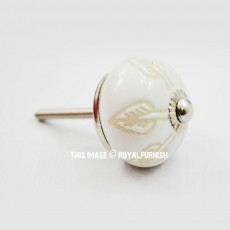 White Leaves Hand Carved Vintage Round Ceramic Cabinet Knob Set of Two