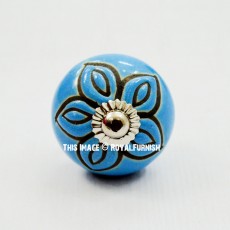 Decorative Blue Flower Shaped Round Ceramic Cabinet Knob Set of 2