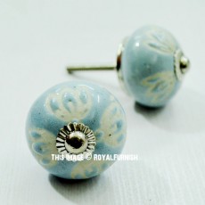 Grey Flower Carved Ceramic Cabinet Knob Set of 2