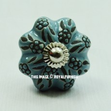 Grey Boho Flower Carved Decorative Melon Round Ceramic Drawer Knob Set of 2