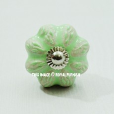 Green Flower Carved Melon Decorative Ceramic Drawer Knobs Set of 2