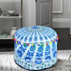 White & Blue Boho Chic Indian Mandala Pouf Ottoman Cover 22X14 Inch