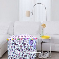 White & Blue Indian Bohemian Mandala Pouf Ottoman Cover 22X14