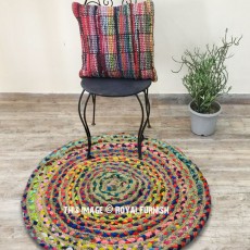 Round Recycled Cotton Braided Chindi Shabby Chic Jute Rag Rug 2ft.