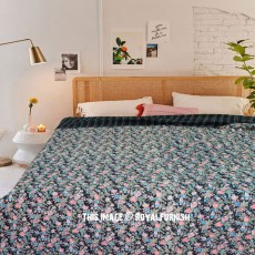 Black Leaves Print Indian Cotton Kantha Quilt Blanket
