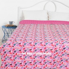 Queen Size Pink Tropical Leaves Print Bohemian Indian Kantha Quilt Blanket