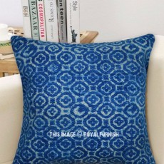 Floral Block Printed Indigo Rug Throw Pillow Cover 40X40 Cm