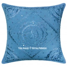 Blue Indian Mirror Embroidered Throw Pillow Cover 18X18 Inch