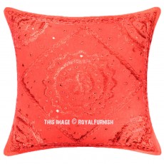 Red Indian Mirror Embroidered Square Throw Pillow Cover 18X18 Inch