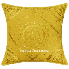 24 Inch Yellow Indian Mirror Embroidered Square Pillow Cover