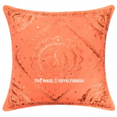 24 Inch Peach Mirror Embroidered Indian Throw Pillow Cover