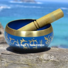 Blue Buddhist Mantra Hand Painted Singing Bowl Set with Striker and Cushion 4.5 Inch
