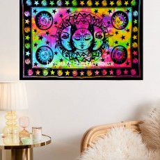 Multicolored Mystic Burning Sun Moon Cotton Fabric Wall Poster Tapestry