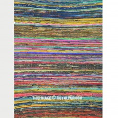 Multicolored Turquoise Boho Braided Striped Reversible Chindi Area Rag Rug 3X5 Ft