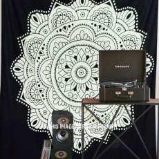 Black and White Bohochic Rangoli Mandala Wall Tapestry 