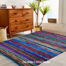 Handmade Blue Boho Braided Reversible Chindi Area Rag Rug 4X6 Ft