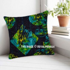 Black Multicolored Kantha Square Embroidered Pillow Case 16X16 Inch