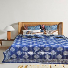 Indigo Blue Leaf Pattern Block Print Kantha Quilt Blanket Throw - Twin Size