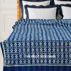 Indigo Blue Hexagon Block Print Cotton Kantha Quilt Blanket - Twin Size
