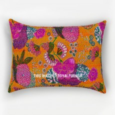 Orange Multicolored Tropicana Floral Bohemian Kantha Quilted Standard Size Pillowcase - Set of Two