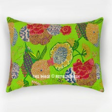 Parrot Green Multi Tropicana Floral Bohemian Kantha Quilted Standard Size Pillowcase - Set of Two