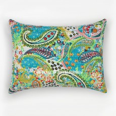 Teal Multicolored Boho chic Paisley Ikat Kantha Quilted Standard Size Pillowcase - Set of Two